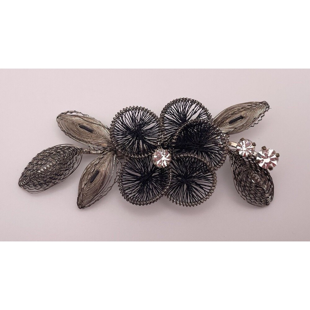 Vintage Black Thread Filigree Flower Rhinestone Silvertone brooch